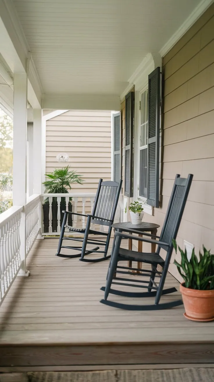 Cozy Front Porch Retreat with Rocking Chairs and Plants