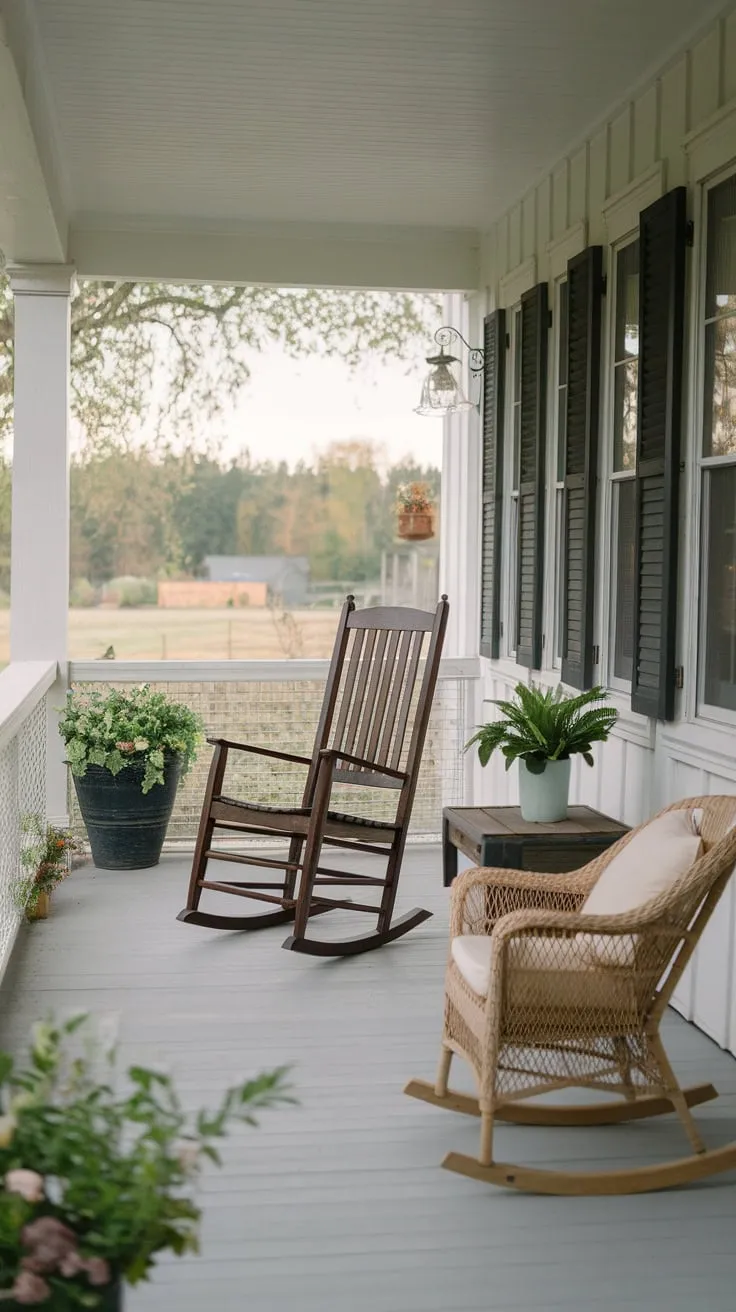 Serene Farmhouse Porch Retreat with Rocking Chair and Wicker Charm