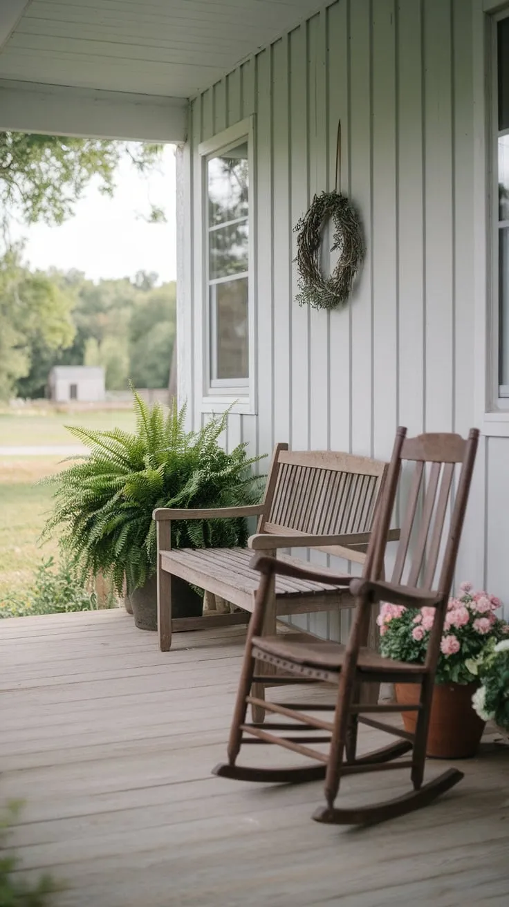 Charming Small Porch with Rustic Seating and Lush Greenery