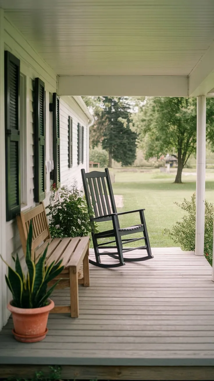 Inviting Farmhouse Porch with Rocking Chair and Bench