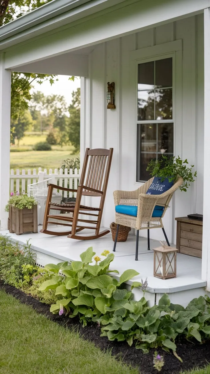 Cozy Farmhouse Porch with Rocking and Wicker Chairs