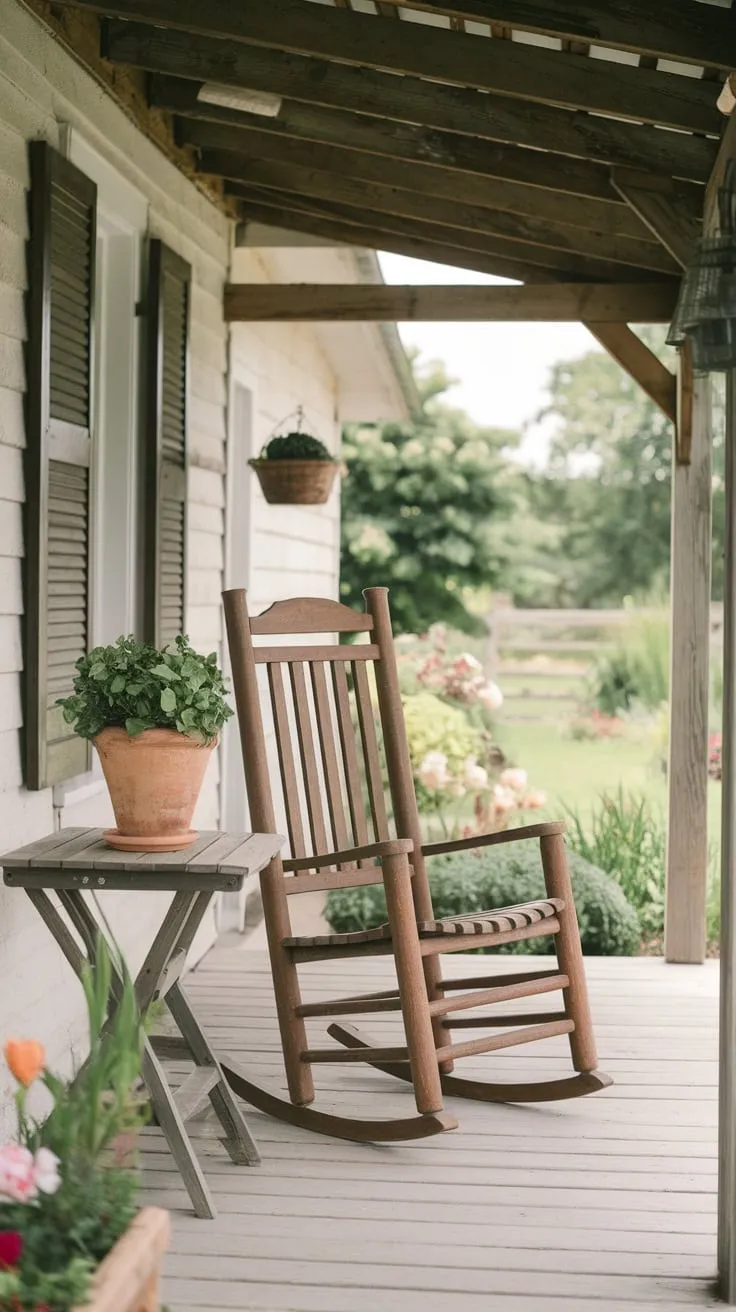 Cozy Farmhouse Porch with Rocking Chair and Greenery