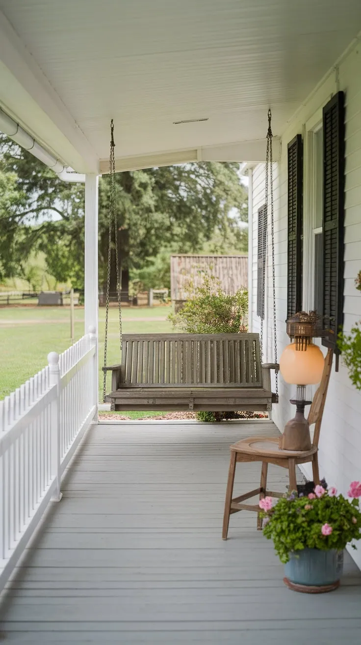 Charming Small Porch with Swing and Vintage Decor