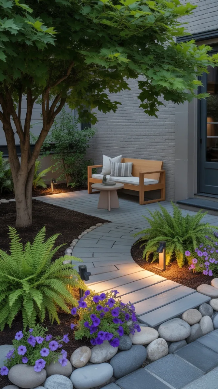 Winding Gray-Paver Path to a Cozy Modern Garden Nook