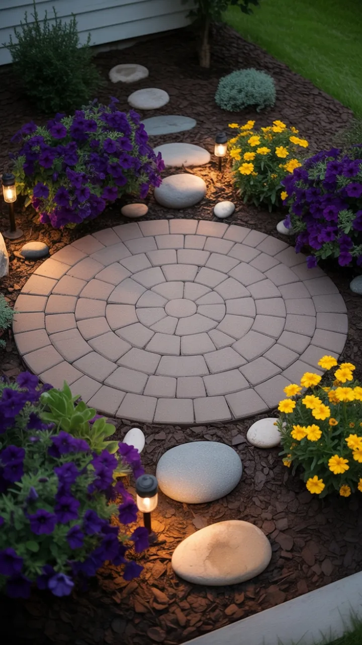 Sunset Glow on a Circular Patio Framed by Purple Petunias and Golden Marigolds