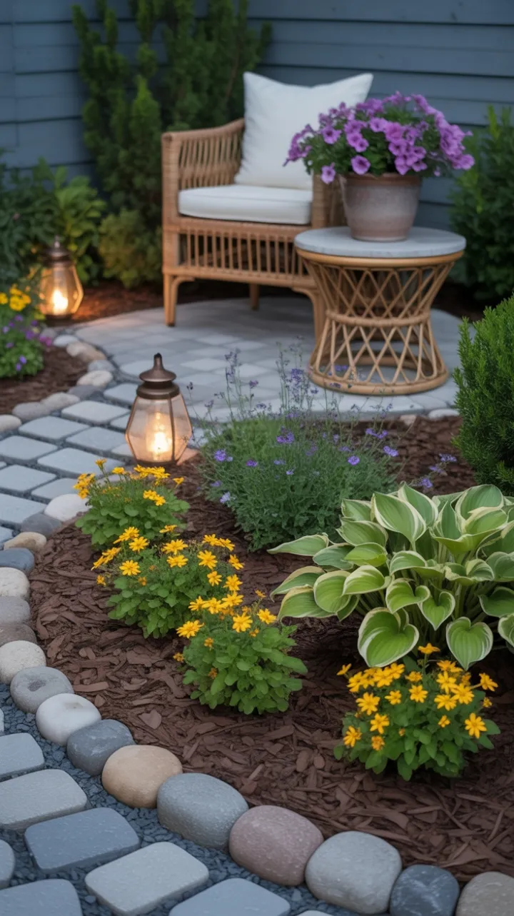 Lantern-Lit Garden Path to a Cozy Rattan Retreat