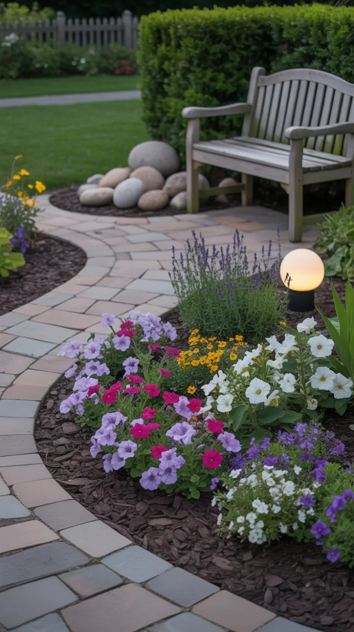 Inviting Sunlit Pathway Lined with Petunias, Lavender and a Weathered Bench