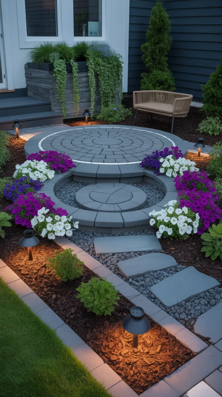 Serene Modern Patio Retreat Framed by Purple Petunias and Warm Landscape Lighting