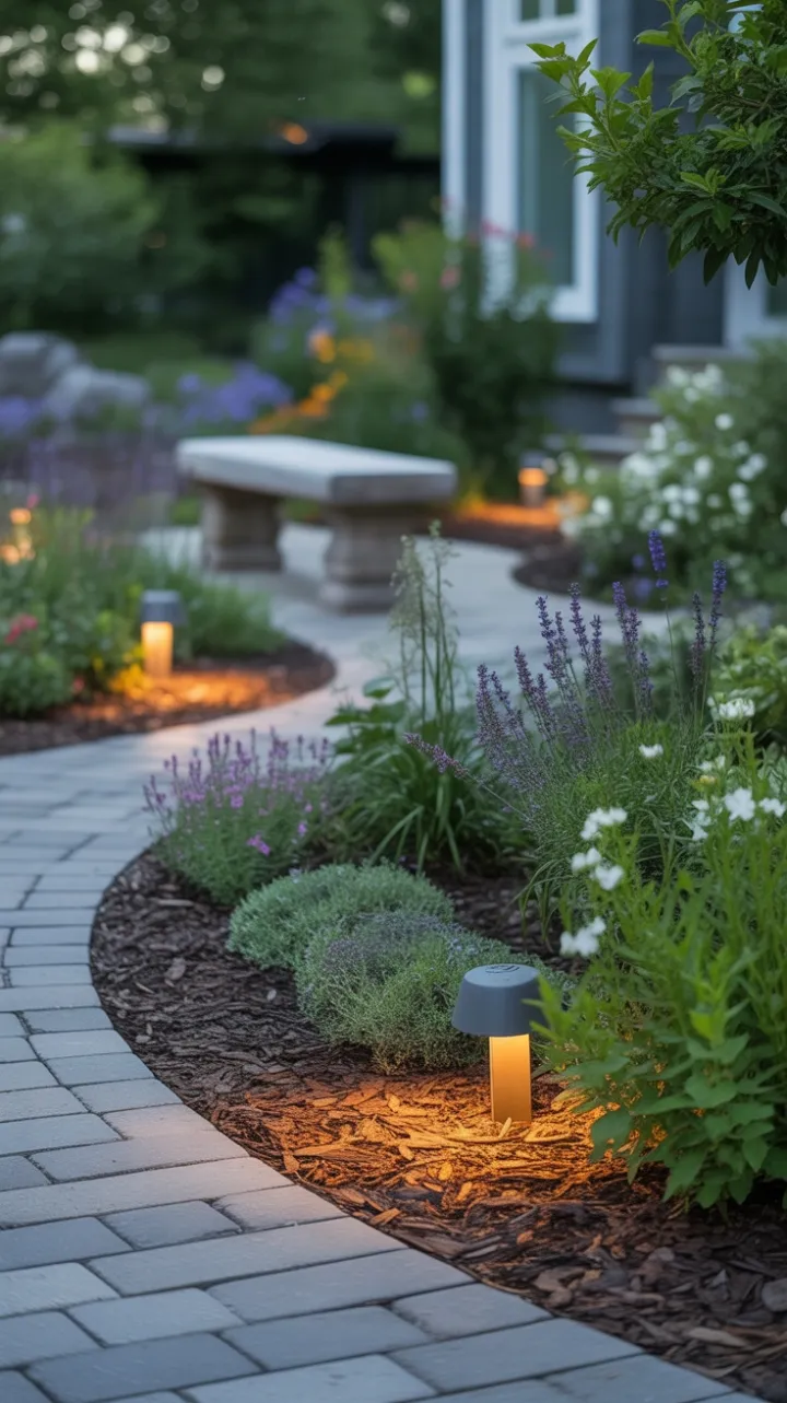 Serene Modern Garden Pathway to a Cozy Stone Bench