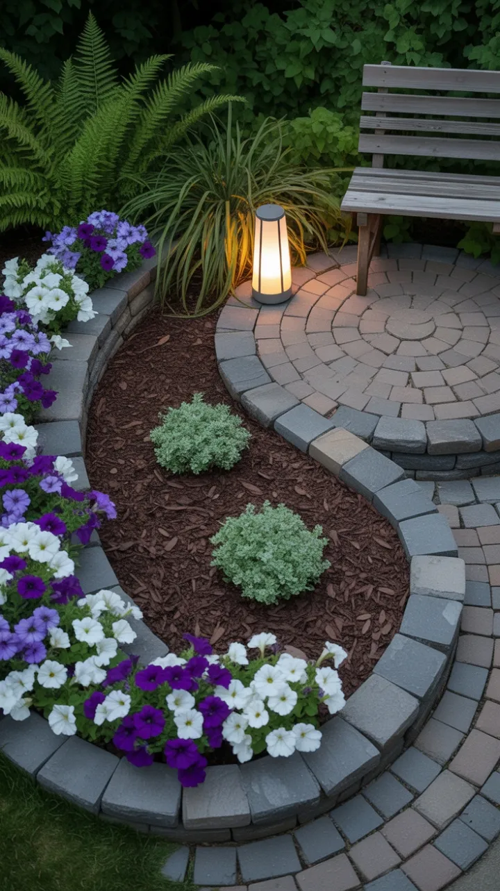 Sunlit serenity with rustic bench and blooming petunias in a cozy cottage garden