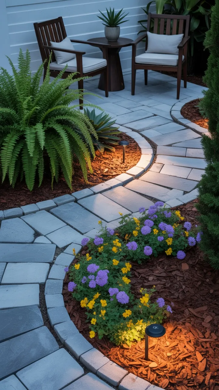 Modern Front-Yard Oasis with Winding Path and Cozy Seating