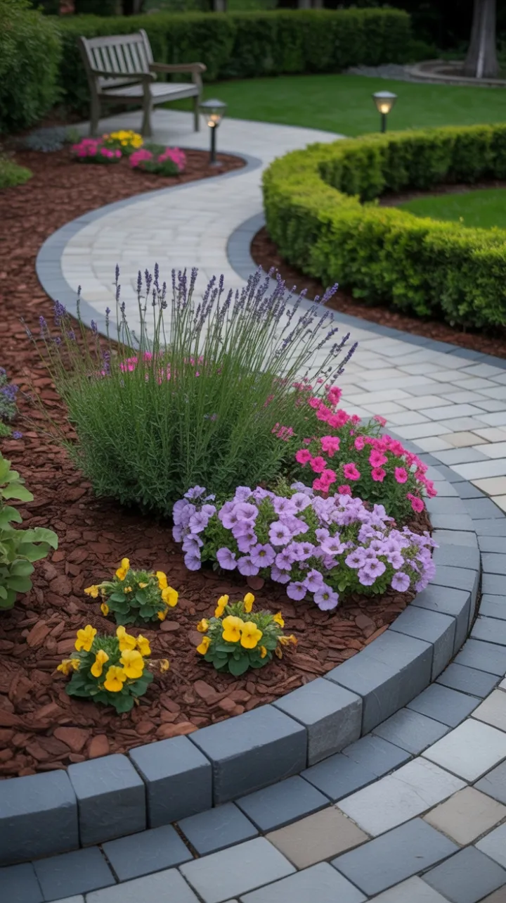 Winding Stone Pathway to a Sunlit Lavender and Pansy Haven