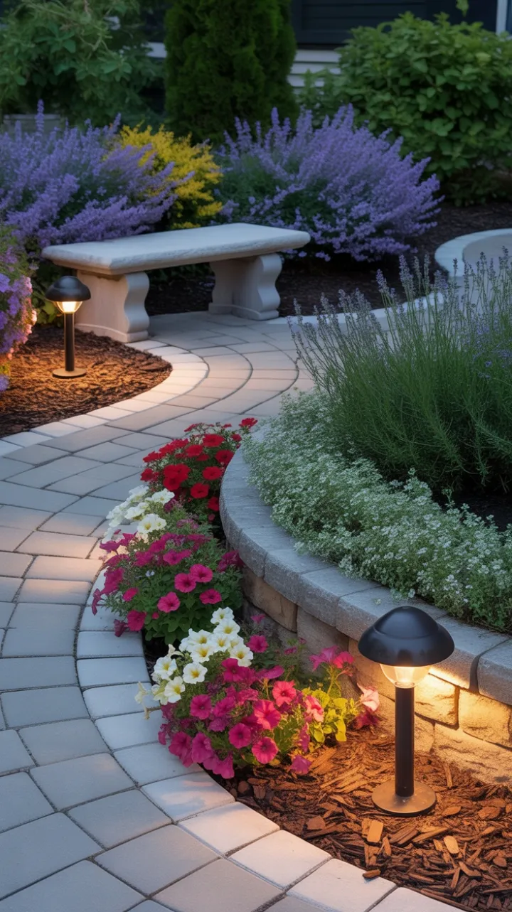 Lavender-Lined Pathway to a Cozy Stone Bench