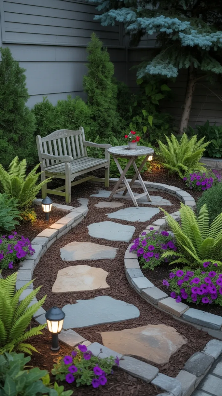 Winding Stone Path to a Tranquil Bench Garden