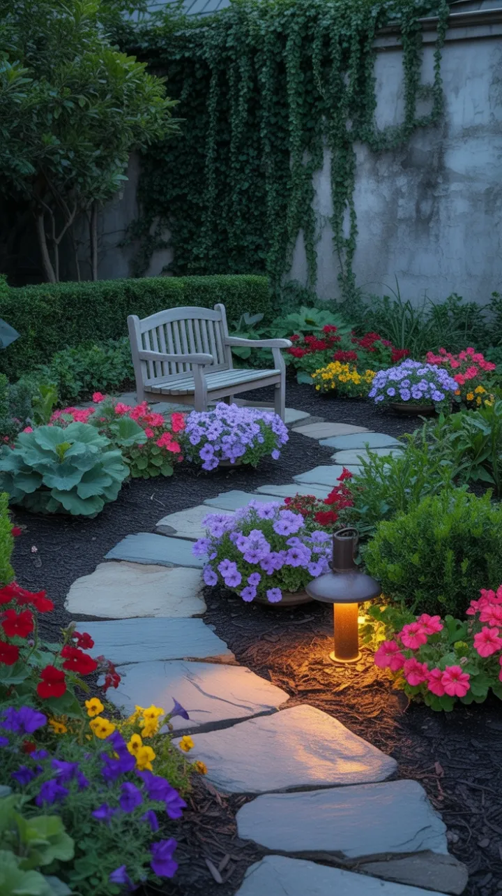 Winding Stone Path to a Charming Bench in Bloom