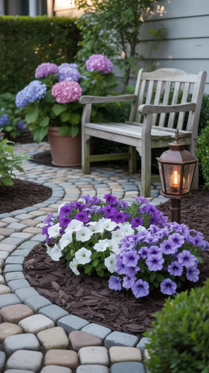 Petunia-Lined Cobblestone Path to a Cozy Lantern-Lit Bench