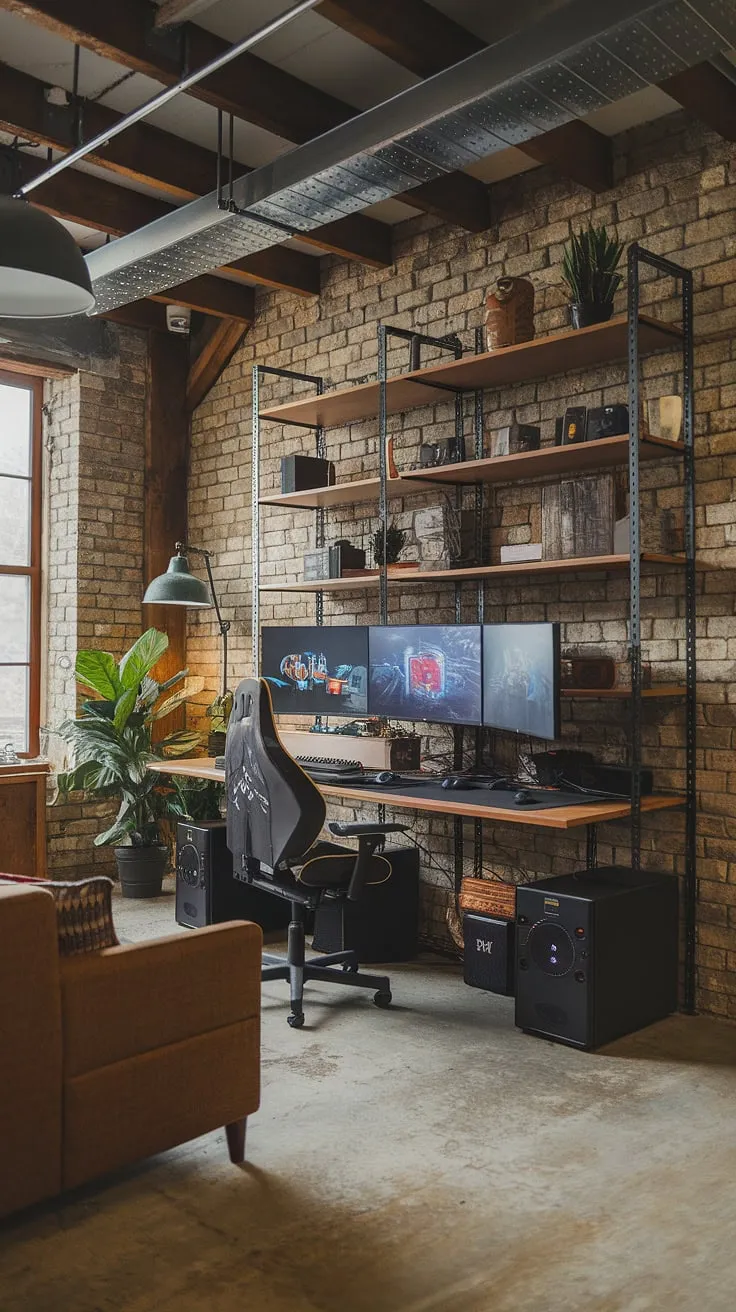 Escape to this industrial style game room, a men's office gaming room designed for serious gamers.  The rustic gaming room features a captivating masculine gaming setup, strategically placed amidst exposed brick and metal shelving.  This office and game room combo is the epitome of a comfortable and stylish man cave gaming room.