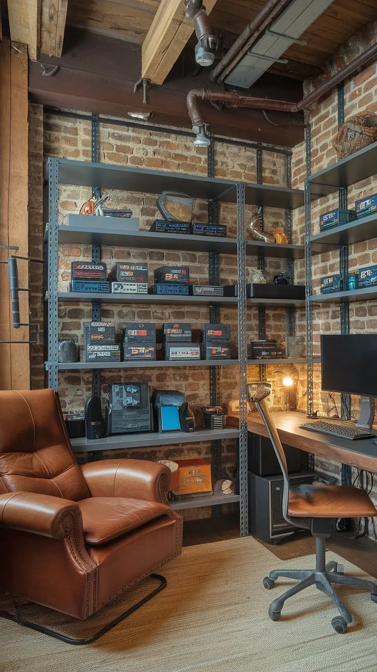 This small game room, a perfect blend of rustic charm and industrial edge, is every gamer's dream.  The man cave gaming room features game room shelves overflowing with retro and modern consoles, a comfortable leather chair for long gaming sessions, and a dedicated workspace – the ultimate office and game room combo for the discerning gamer.  A masculine gaming setup in a men's office gaming room, this industrial style game room is pure comfort and style.