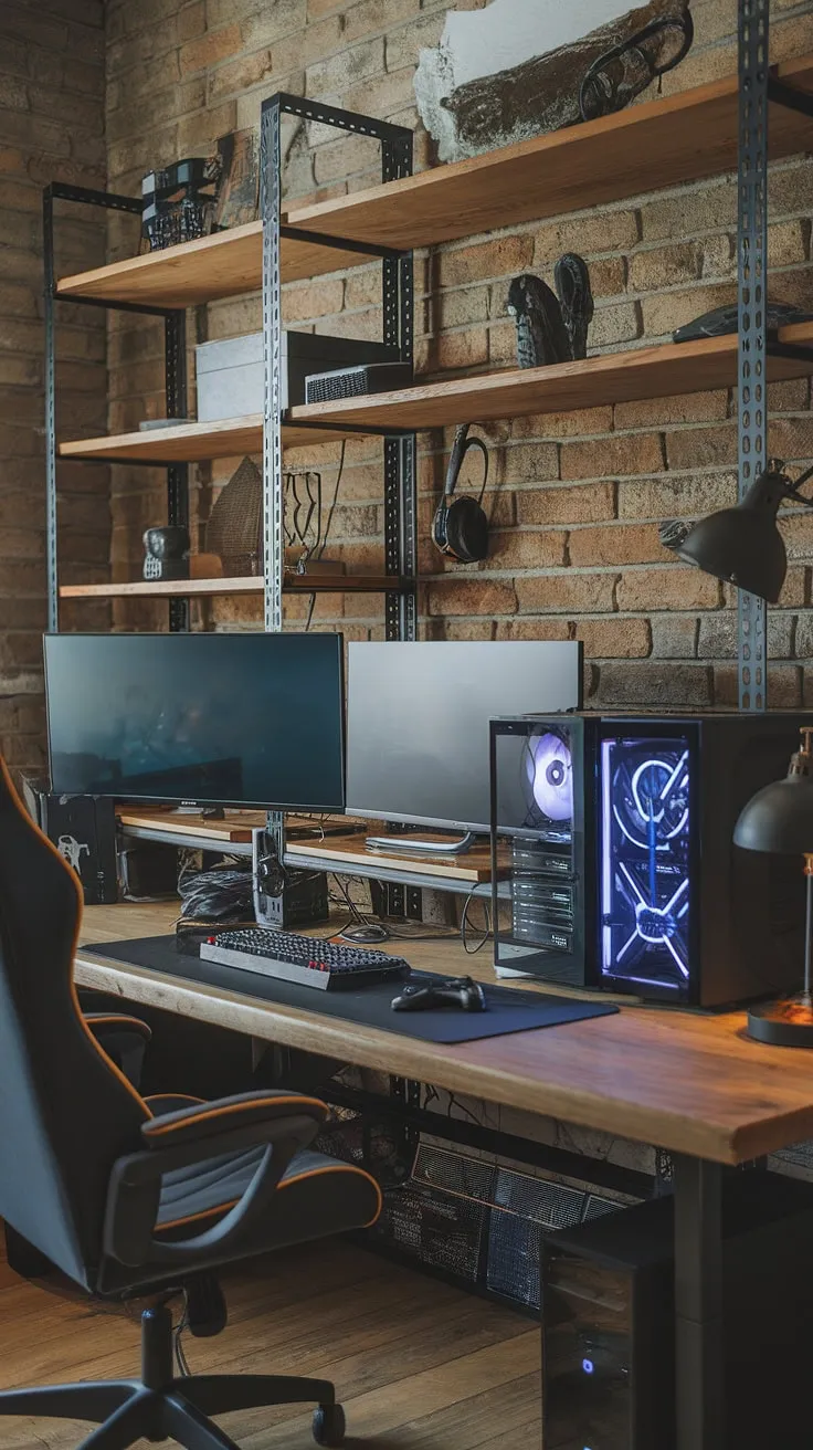 My industrial style game room is more than just a man cave gaming room; it's a rustic gaming room where work and play seamlessly coexist. This masculine gaming setup, featuring a killer PC and multiple monitors, proves that a small game room can be incredibly powerful. The game room shelves add the perfect touch of organization to this office and game room combo.