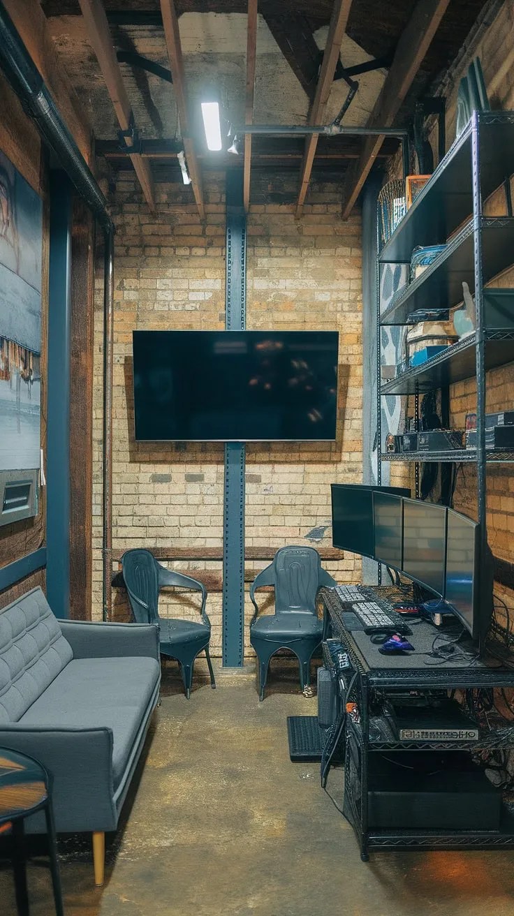 This small game room, a perfect blend of rustic charm and industrial style, is every gamer's dream. Exposed brick, wood beams, and metal game room shelves create a masculine gaming setup within a man cave gaming room that's also a functional office and game room combo.  The comfortable seating area is perfect for relaxing after an intense gaming session.