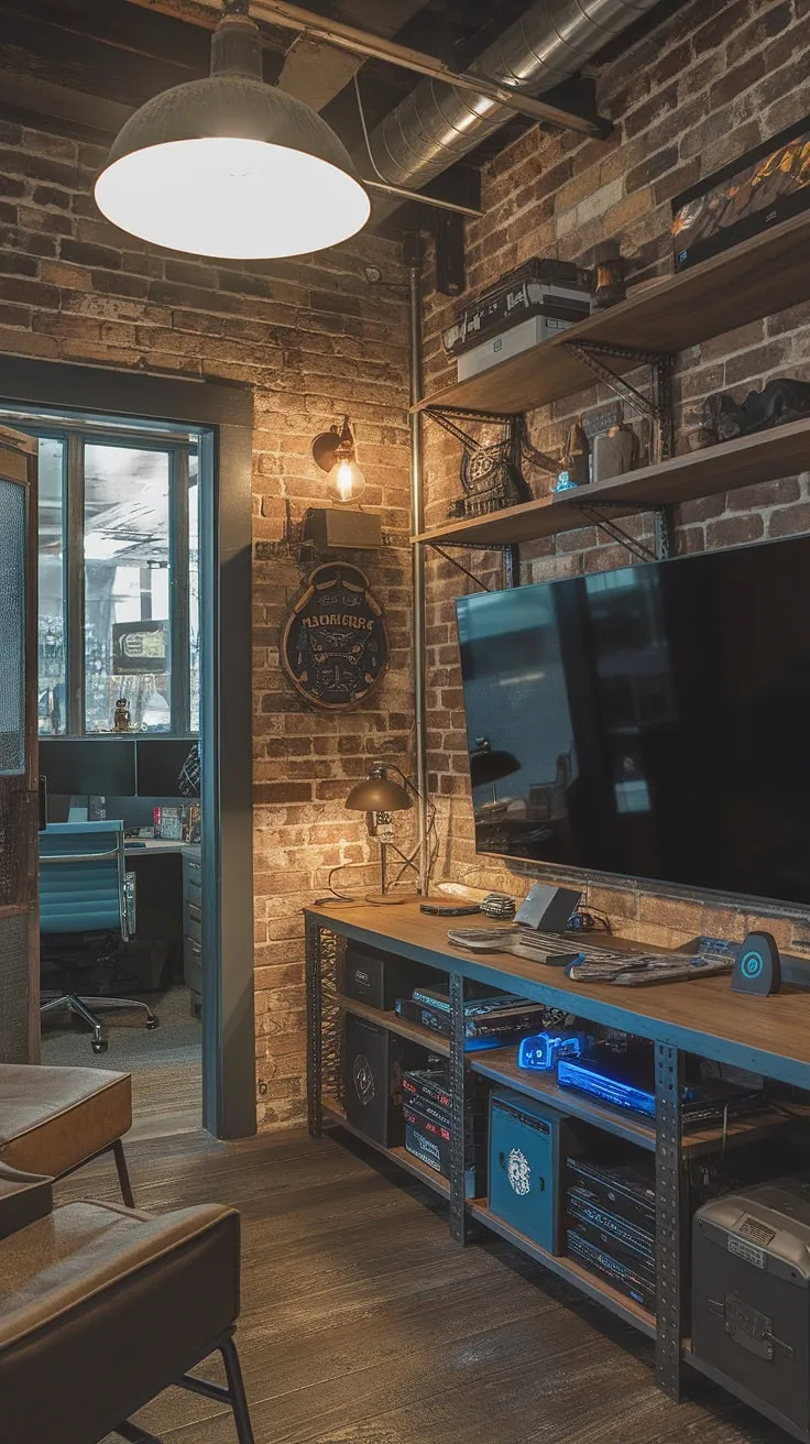 This small game room, a perfect blend of rustic charm and industrial edge, is every gamer's dream.  The masculine gaming setup, complete with game room shelves showcasing prized collectibles, sits comfortably within this man cave gaming room.  A door leads to the adjacent office, creating the ultimate office and game room combo.