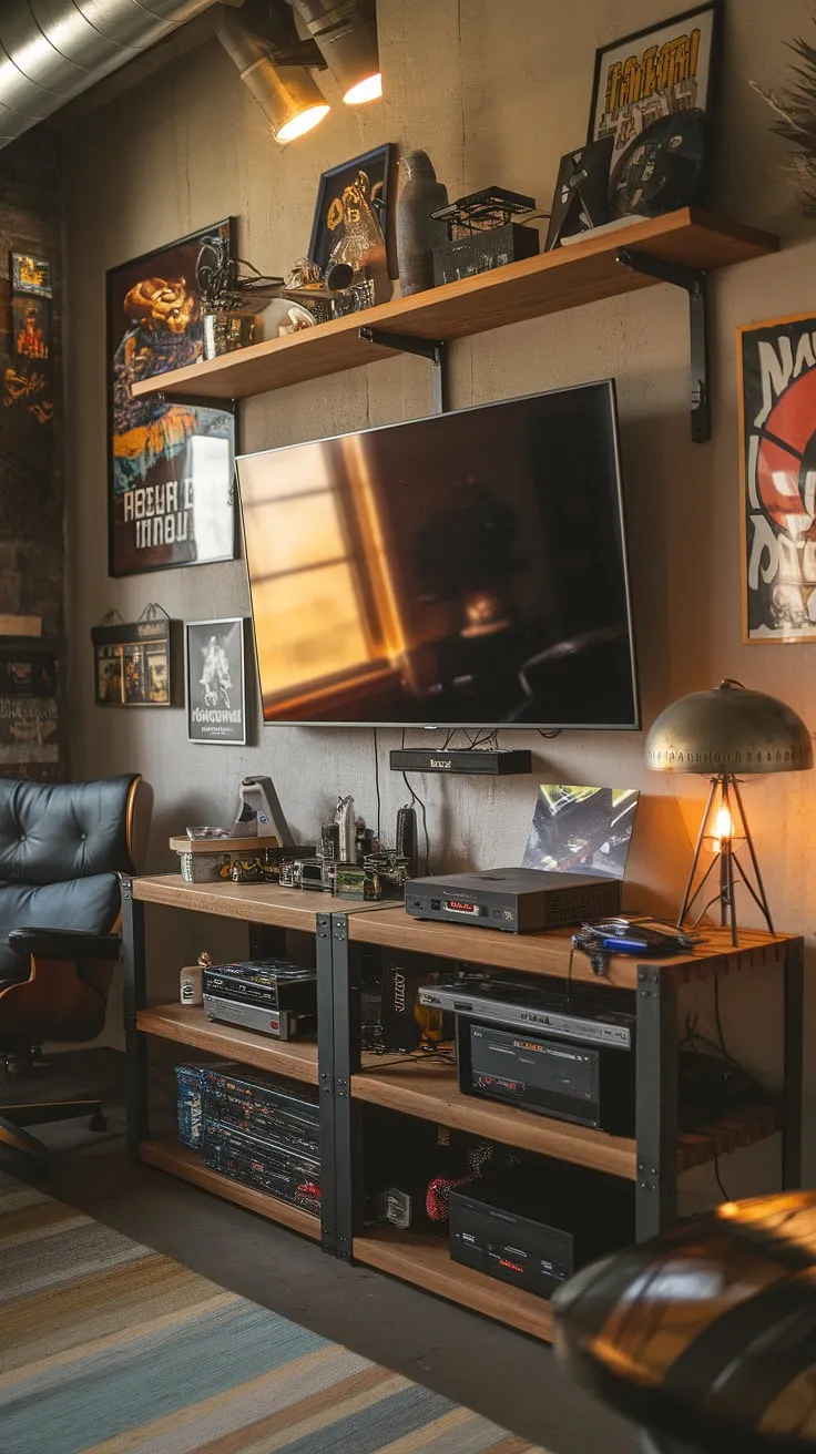 This small game room, a perfect blend of rustic charm and industrial edge, is every gamer's dream.  The masculine gaming setup, complete with game room shelves showcasing prized collectibles, seamlessly integrates into a functional men's office gaming room.  A true man cave gaming room, offering the ultimate office and game room combo.