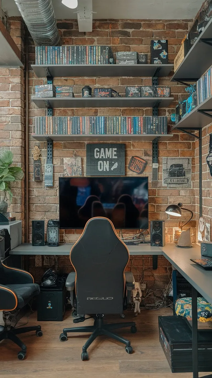 This small game room, a perfect blend of men's office gaming room and man cave gaming room, boasts an industrial style aesthetic.  The rustic gaming room features game room shelves overflowing with collectibles, a masculine gaming setup, and the perfect office and game room combo for ultimate relaxation and high-score chasing.