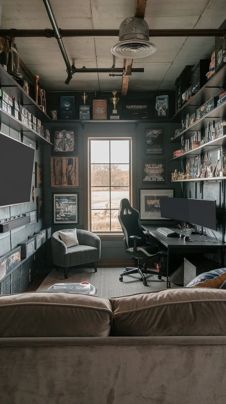 This small game room, a perfect blend of men's office gaming room and man cave gaming room, boasts an industrial style game room aesthetic with rustic gaming room charm.  Game room shelves overflow with trophies and memories, complementing the masculine gaming setup and the large screen TV.  The office and game room combo offers the best of both worlds, even with a view.