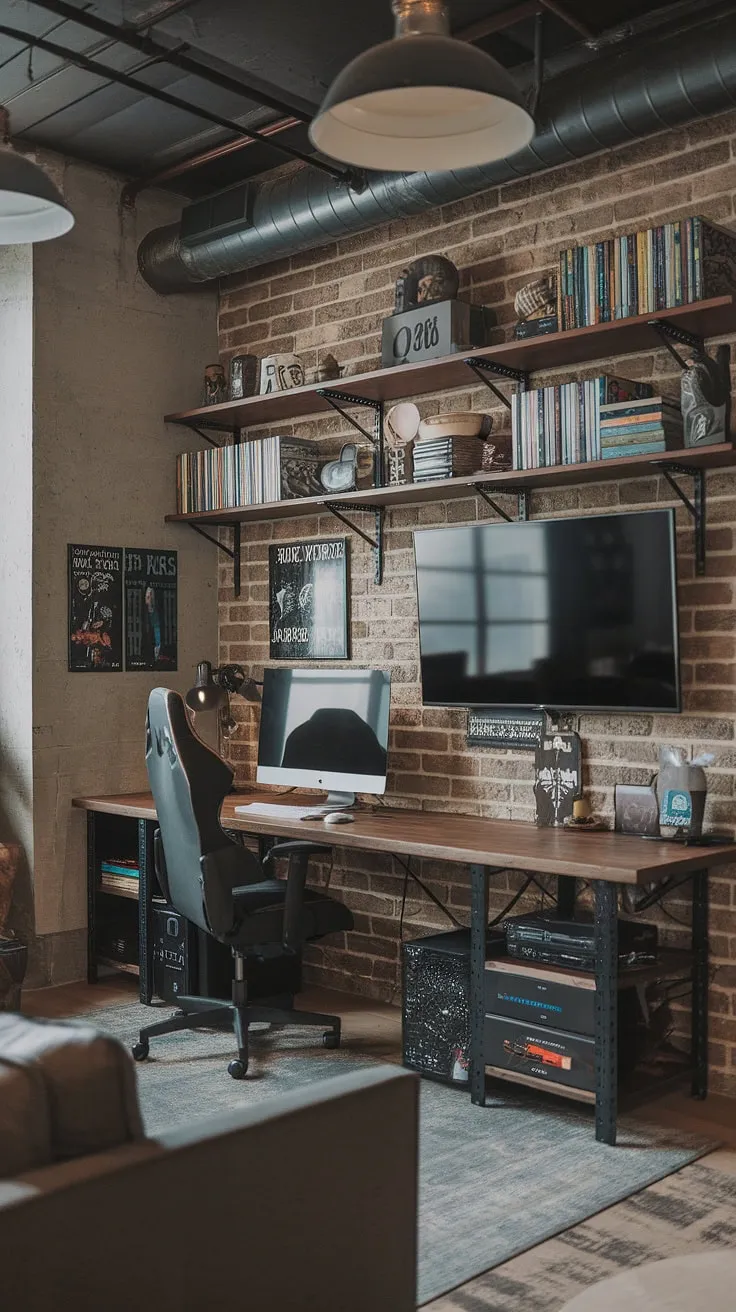 This small game room, a perfect blend of men's office gaming room and man cave, boasts an industrial style game room aesthetic.  The rustic gaming room features a masculine gaming setup, complete with game room shelves overflowing with treasures and a comfy sofa for those post-victory celebrations.  It's the ultimate office and game room combo.