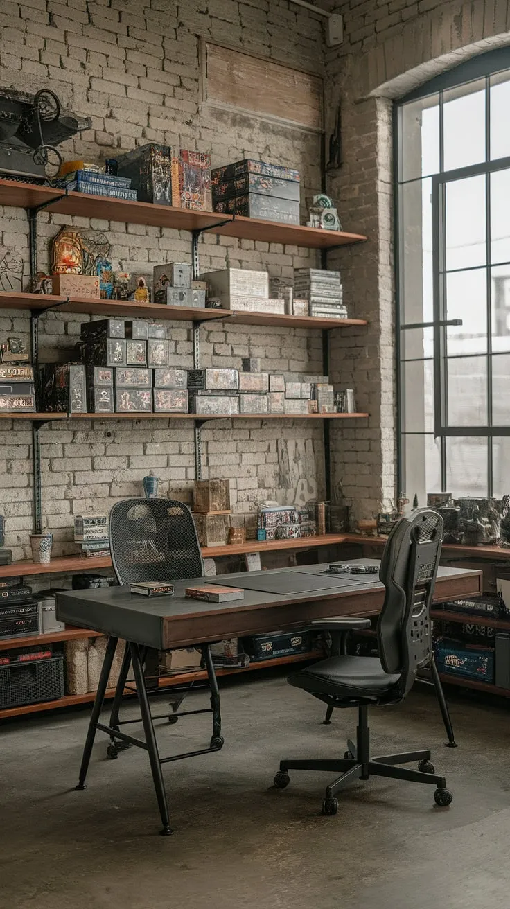 Escape to this masculine gaming setup, a small game room perfectly balanced between rustic charm and industrial edge.  Exposed brick walls and a concrete floor provide the backdrop for this man cave gaming room, while game room shelves showcase a curated collection.  The result? An office and game room combo that's the epitome of a stylish industrial style game room.