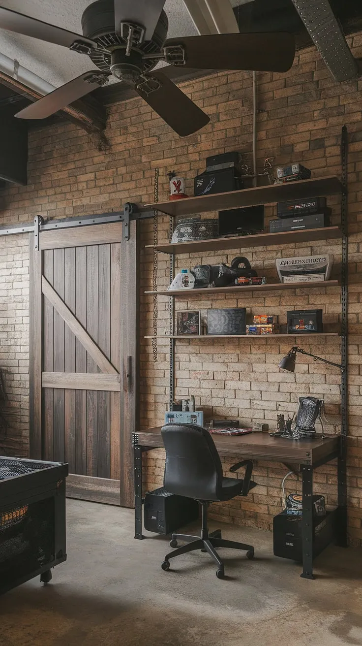 Escape to this rustic gaming room, a man cave gaming room redefined.  The industrial style game room features a masculine gaming setup tucked neatly into a small game room space.  Game room shelves display prized possessions, while the vintage fan and exposed brick walls create an undeniably cool atmosphere. This office and game room combo is the perfect blend of work and play.