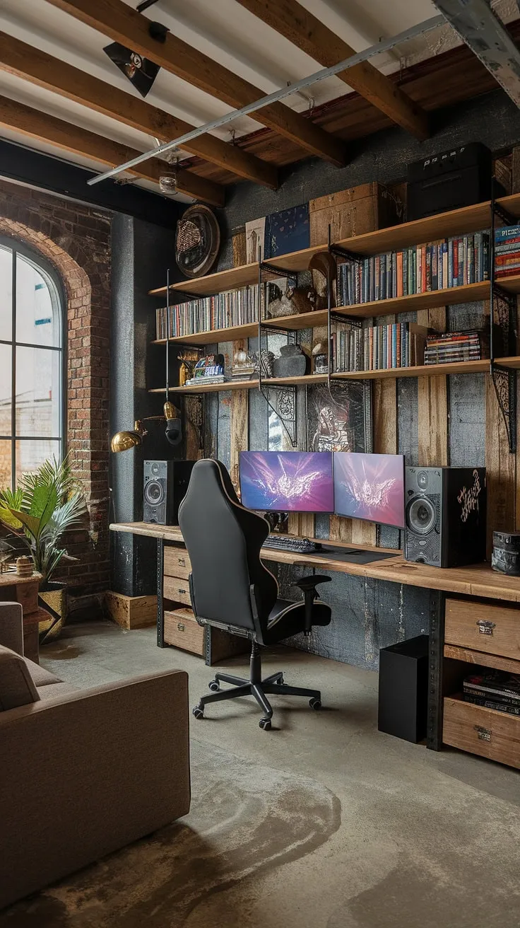 Escape to this rustic gaming room—a compact yet powerful man cave gaming room.  The industrial style game room features a masculine gaming setup, perfectly positioned within the small game room's exposed brick walls.  Game room shelves display prized possessions, complementing the comfortable office and game room combo.