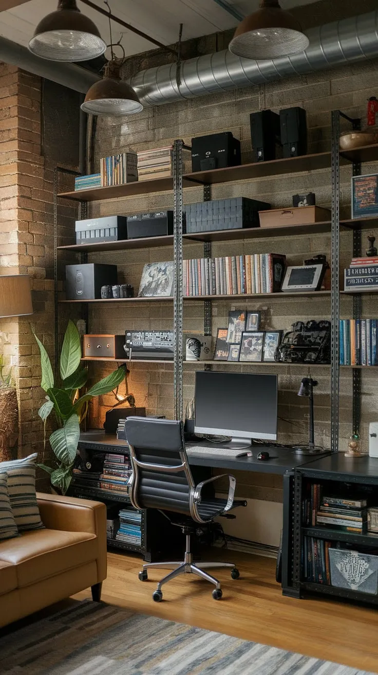Escape to this man cave gaming room: a compact yet powerful industrial style game room.  The rustic gaming room aesthetic, highlighted by exposed brick and game room shelves packed with treasures, perfectly complements the masculine gaming setup and creates the ideal office and game room combo for any gamer.