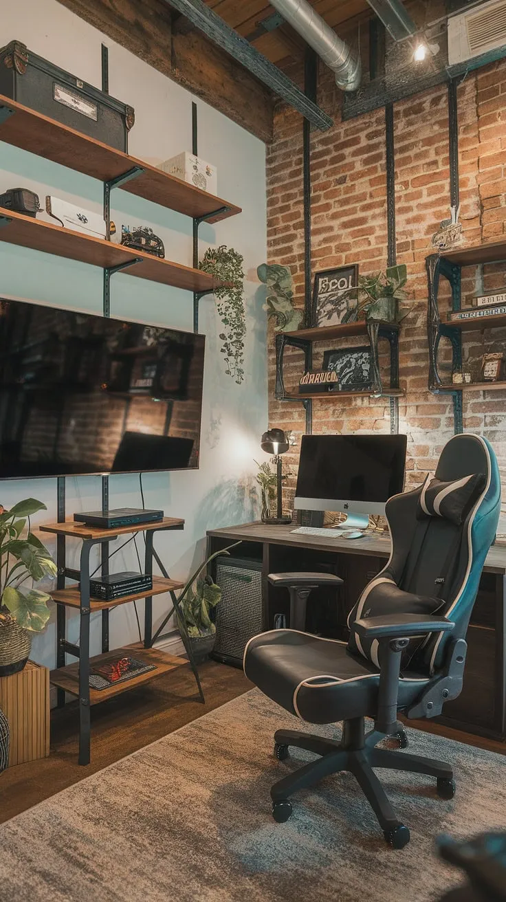 This small game room, a perfect blend of office and game room combo, boasts an industrial style game room aesthetic.  The masculine gaming setup, complete with rustic gaming room shelves and a comfortable gaming chair, sits nestled amongst exposed brick and wooden beams, creating the ultimate man cave gaming room.