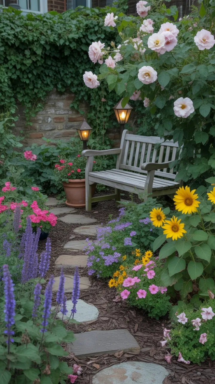 Secret Cottage Garden Path of Roses Sunflowers and Twilight Lanterns