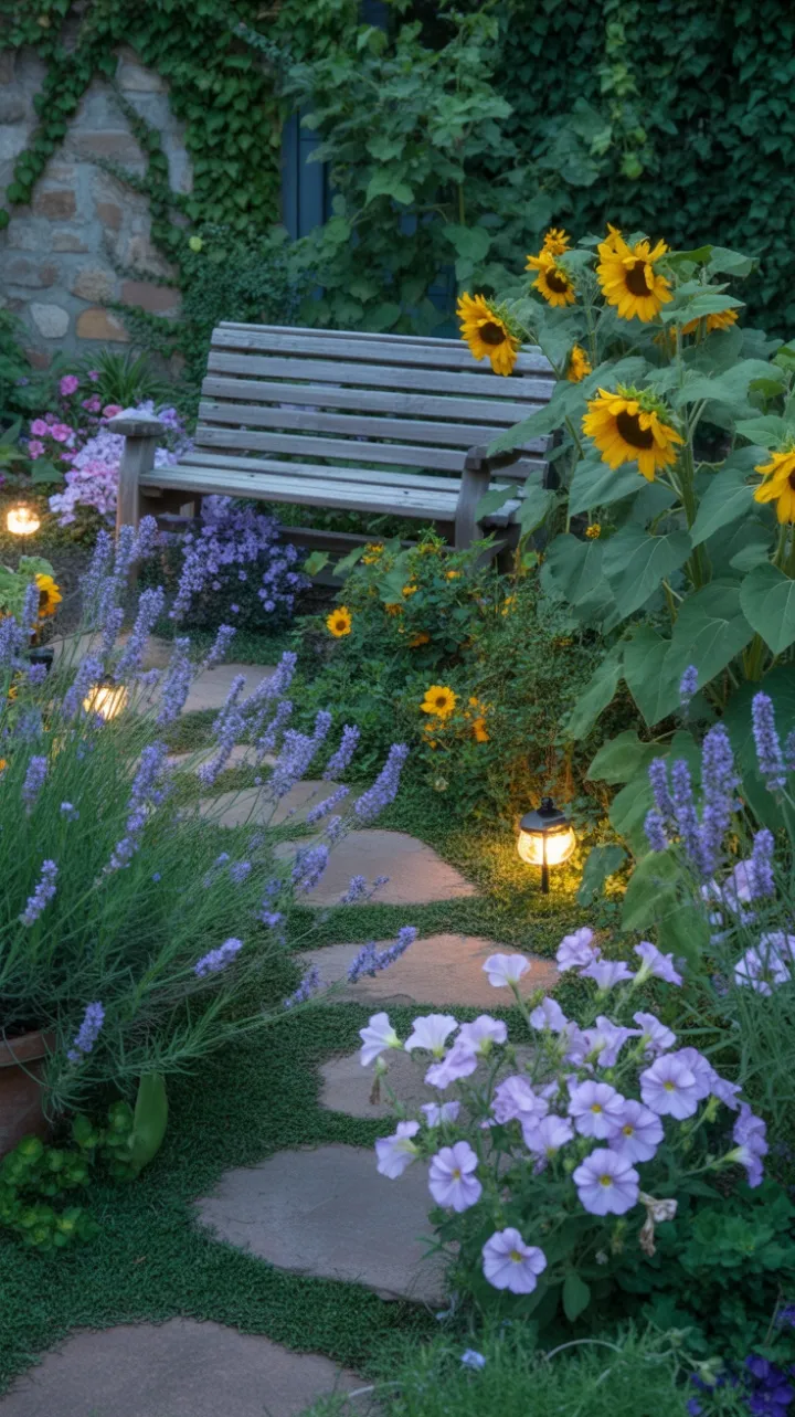 Secluded Cottage Garden Awash in Lavender, Sunflowers and Fairy-Light Glow