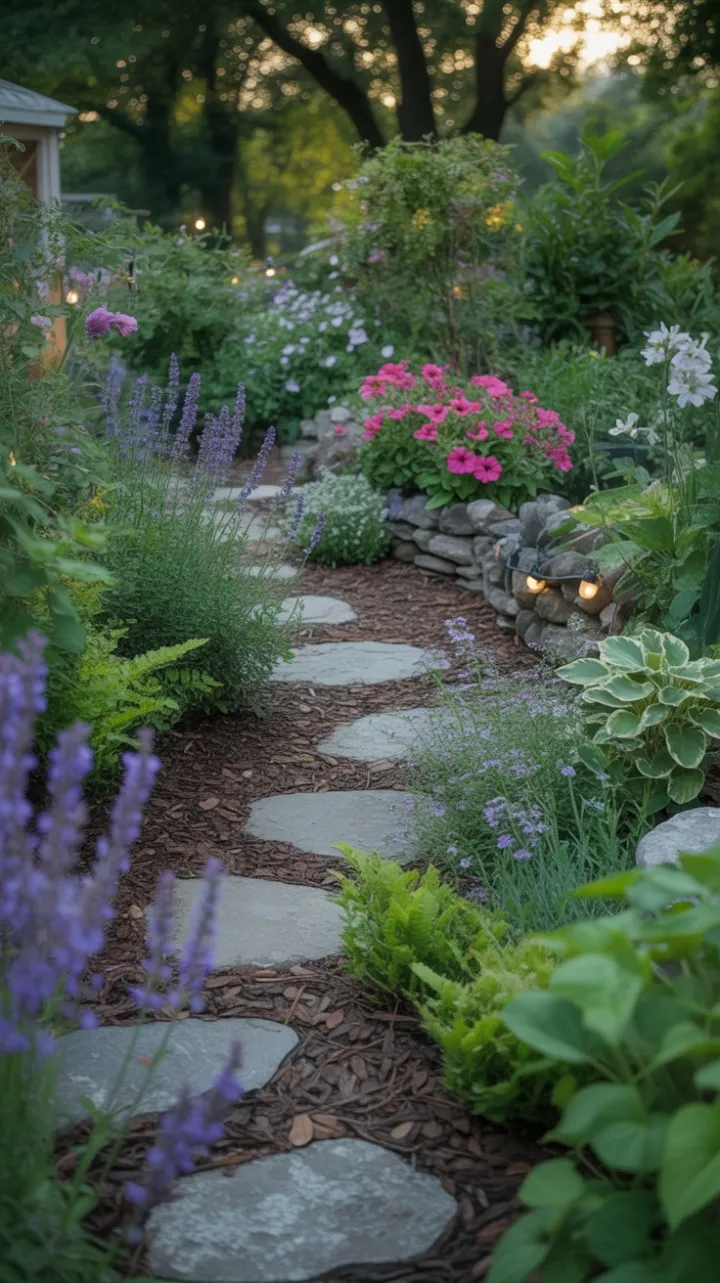 Sunlit Cottage Garden Path Woven with Lavender, Petunias, and Lush Greenery