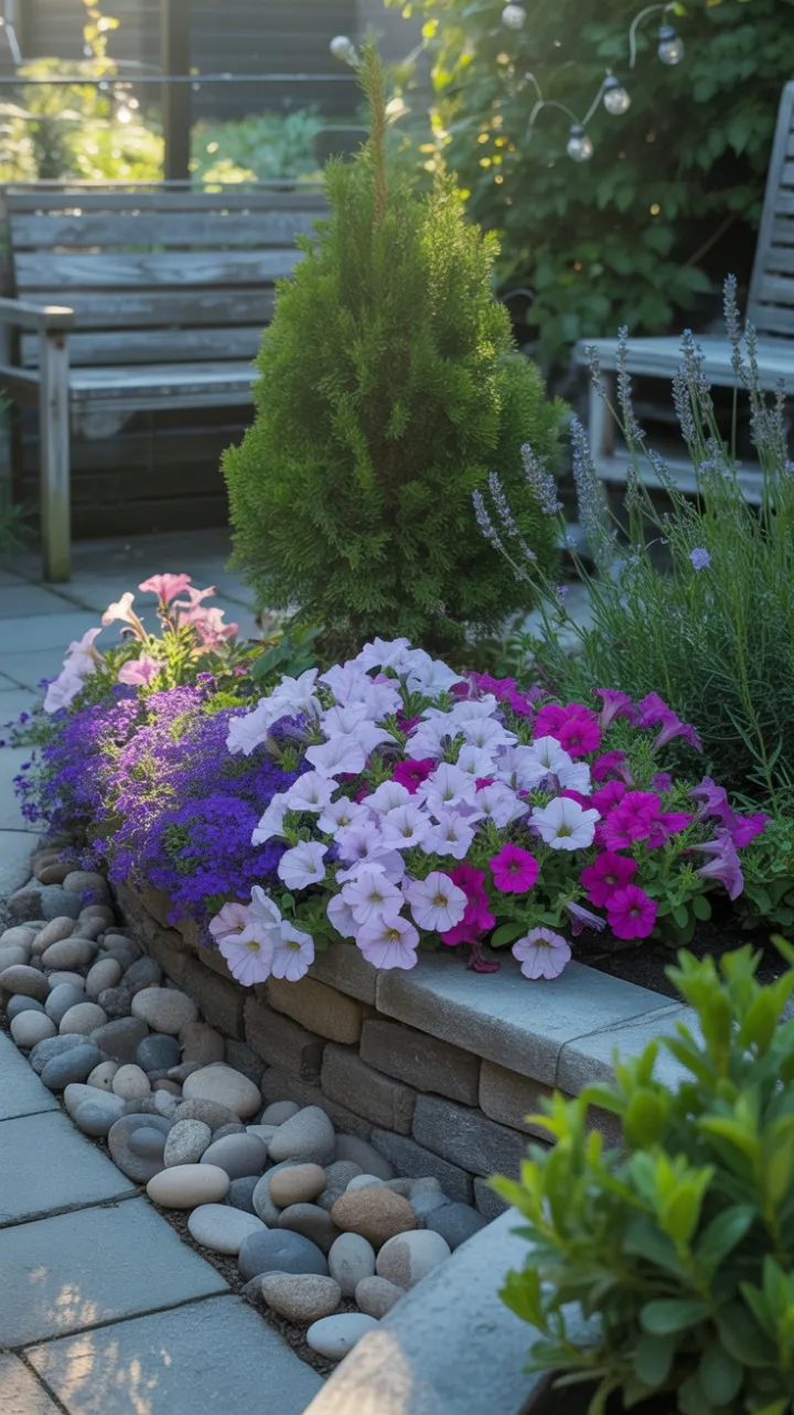 Golden Hour Petunia Garden with Twinkling Lights