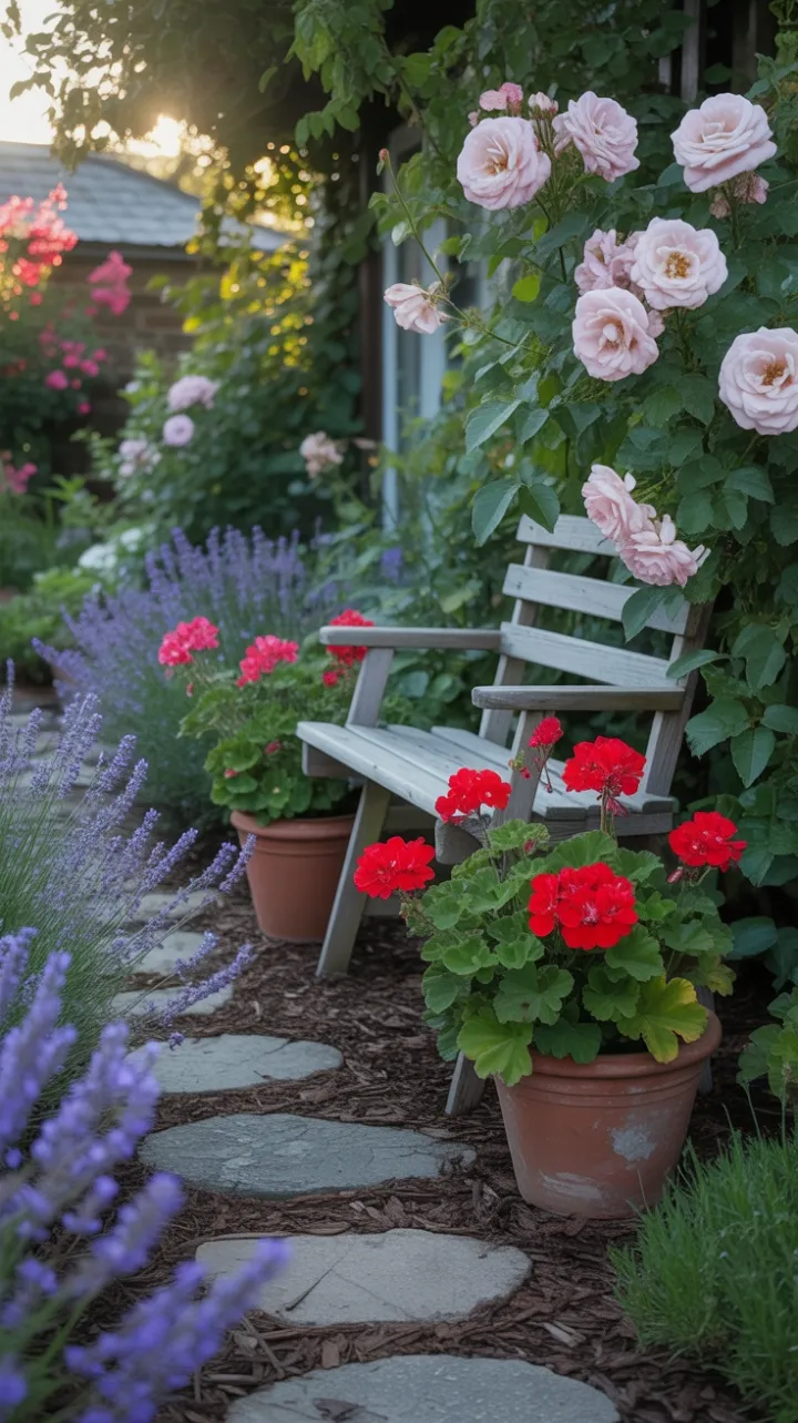 Lavender and Roses Along a Sunlit Cottage Path