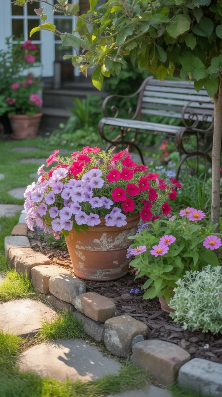 Lavender and Crimson Petunias in a Sunlit Cottage Garden