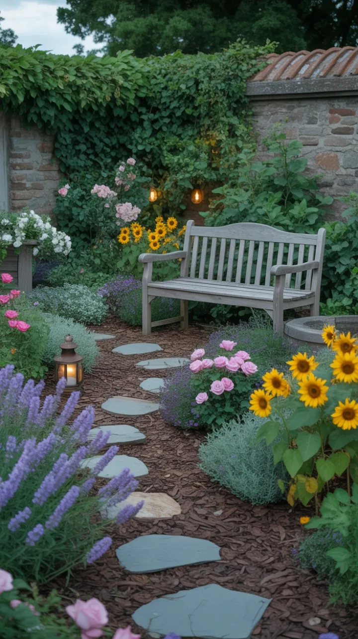 Lantern-Lit Cottage Garden Along a Winding Stone Path
