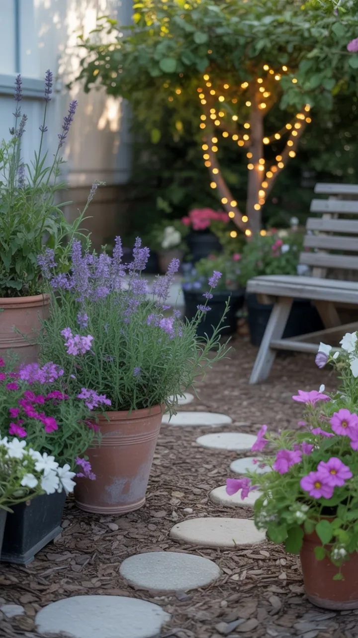 Sunlit Path Through a Lavender and Petunia Cottage Garden