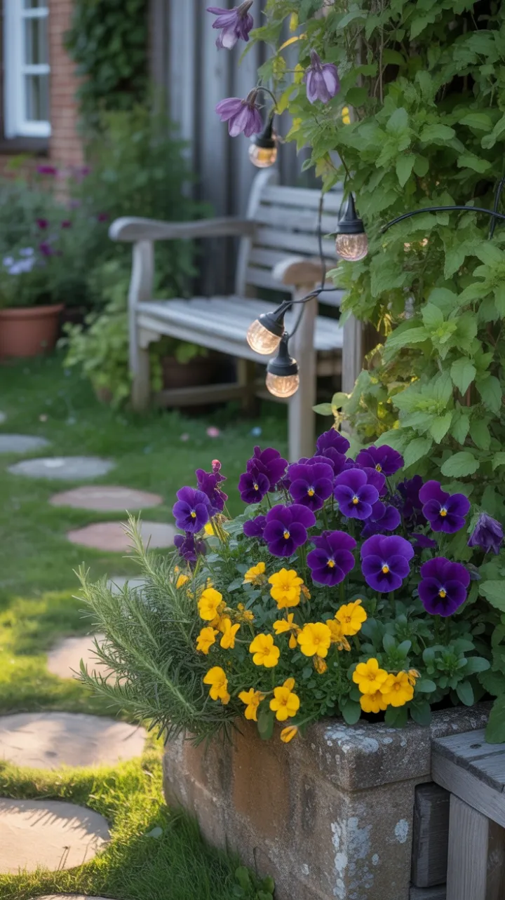 Golden-Hour Cottage Garden with Cascading Pansies, Marigolds and Trailing Rosemary