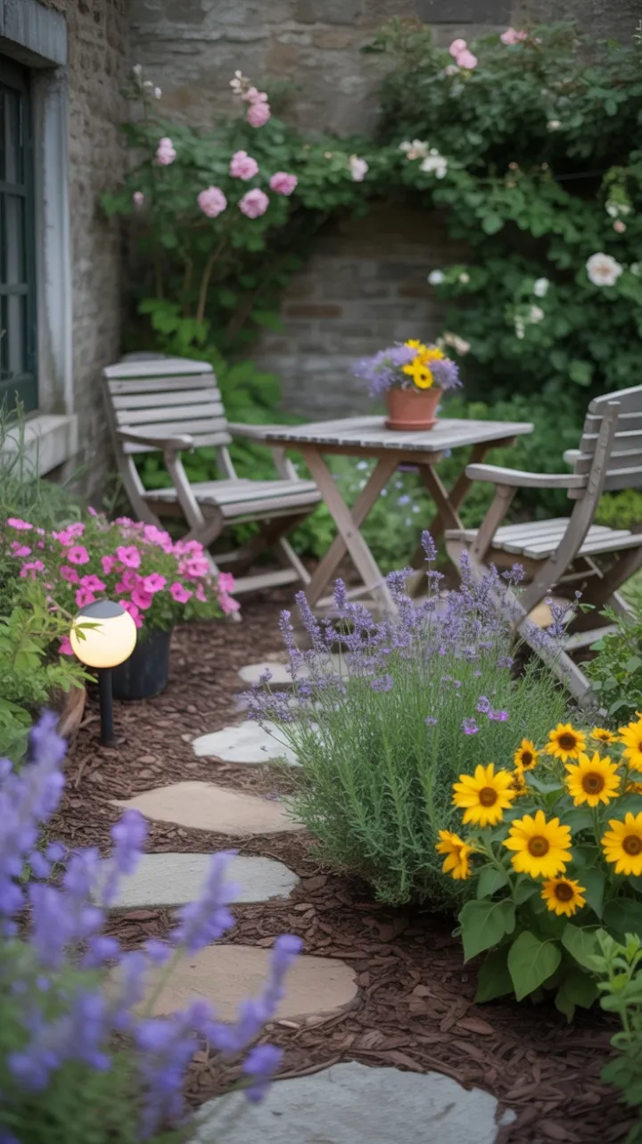 Sunlit Stone Path Through a Charming Cottage Garden
