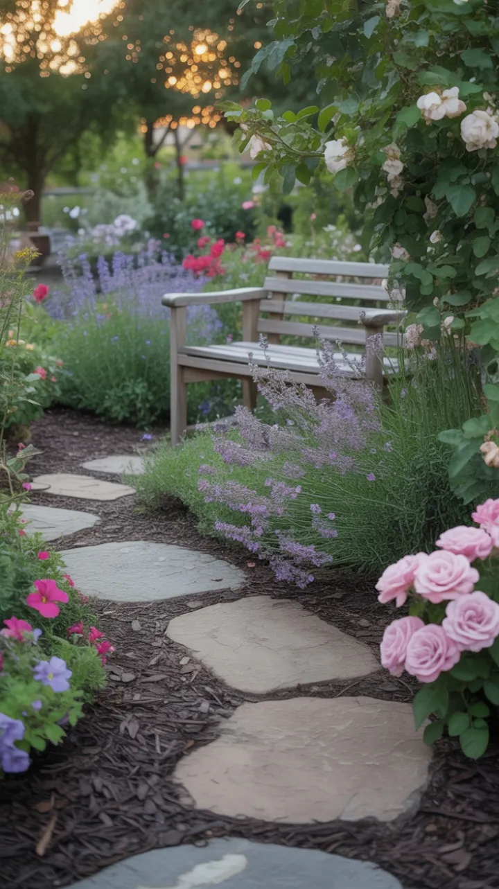Sunlit Path to a Lavender and Rose Cottage Garden