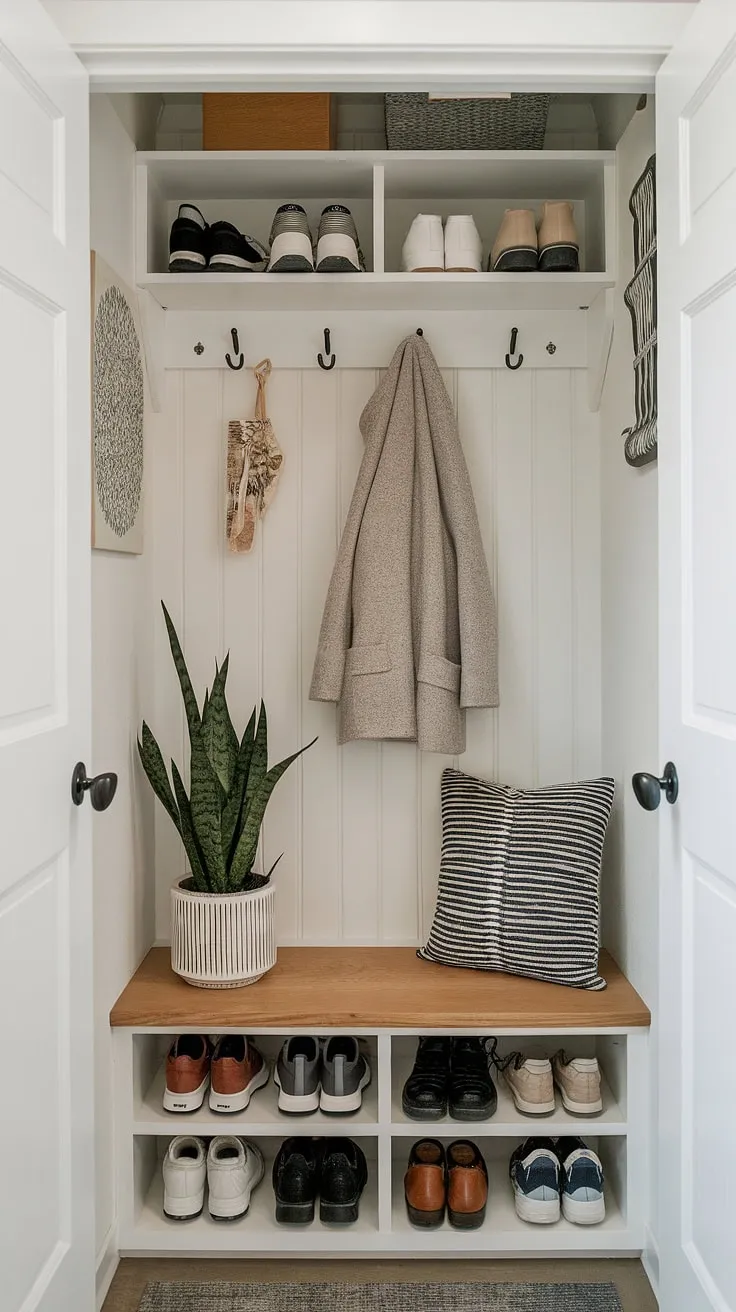 This tiny home entryway proves that big style doesn't require big space.  A foyer storage bench and thoughtfully designed entrance shoe storage, including a split entry shoe storage system, create a functional and inviting foyer entryway storage solution in this small hallway, all while maintaining an open concept entry.
