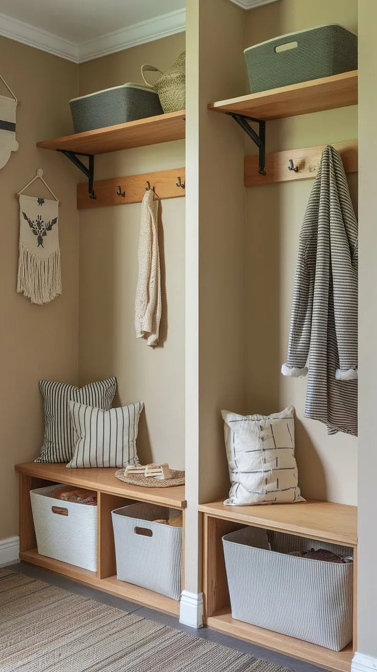 Transform your small hallway into a functional and stylish entrance with this split entry shoe storage system.  The combination of a practical foyer storage bench and a convenient coat rack provides ample coat shoe storage, making this tiny home entryway both efficient and charming.  Simple entryway decor completes the look, creating a welcoming open concept entry that belies its size.