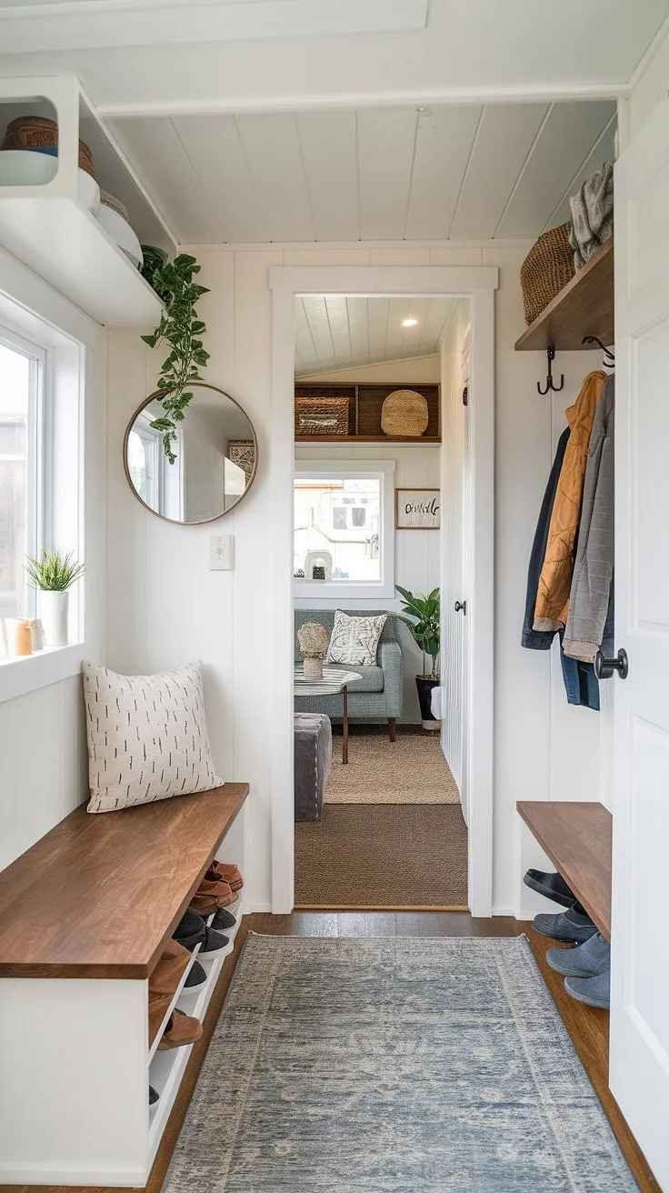 Step inside this charming tiny home entryway, where an open concept design maximizes space and style.  The foyer entryway storage, including a clever split entry shoe storage and a foyer storage bench, keeps things organized while the small hallway leads to a cozy living area.  Entryway decor, like the plant and mirror, adds personality to this efficient and inviting space.