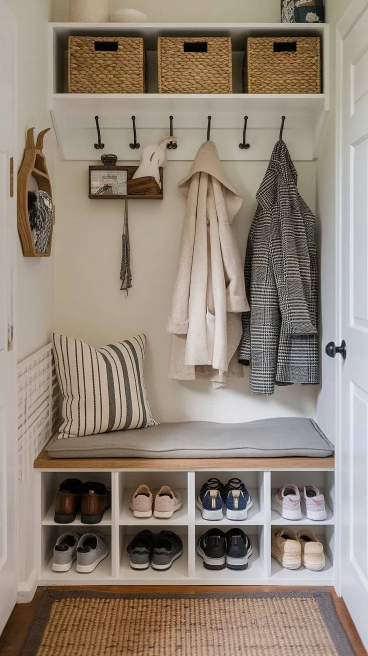 This cozy and organized tiny home entryway proves that even a small hallway can be stylish and functional.  The coat shoe storage, including a comfortable foyer storage bench and entrance shoe storage cubes, makes this split entry shoe storage system a dream.  Clever entryway decor completes the look of this open concept entry.