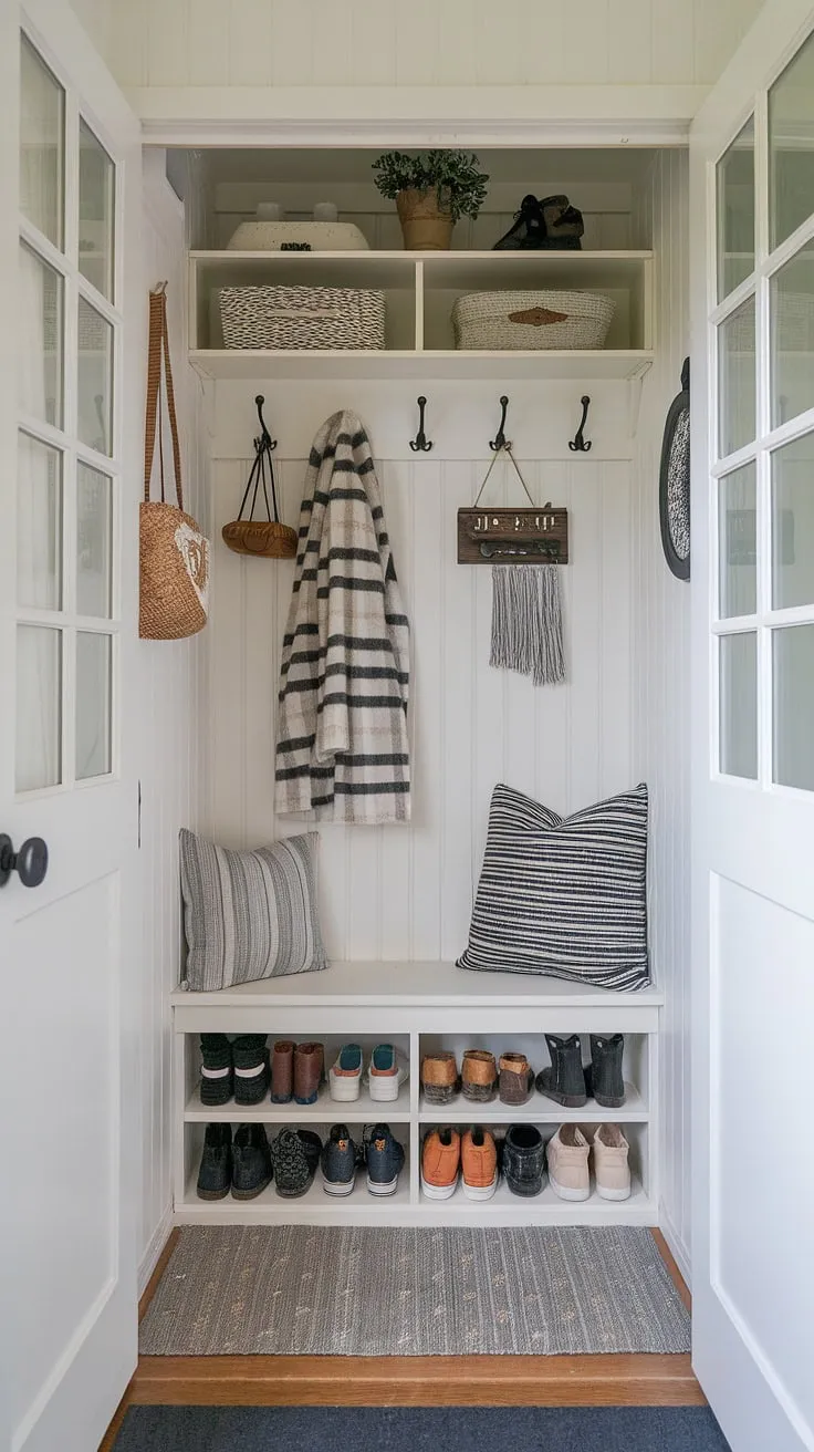 This small hallway belies a surprisingly spacious tiny home entryway.  The open concept entry is enhanced by smart foyer entryway storage solutions: a split entry shoe storage, coat shoe storage, and a practical foyer storage bench.  Entryway decor adds the perfect finishing touch.